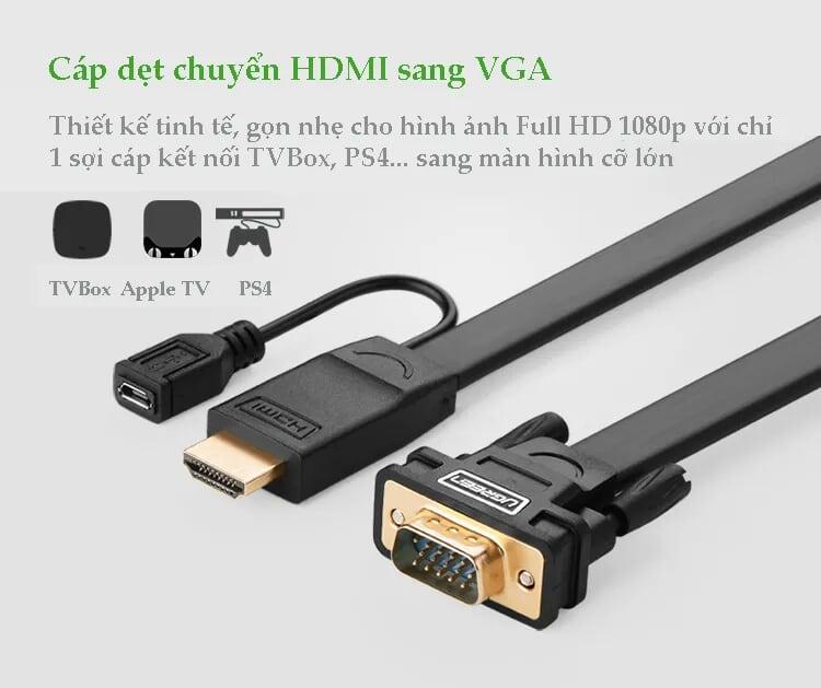 Ugreen UG40267MM101TK 1.5M màu Đen Cáp chuyển đỗi HDMI sang VGA kèm cổng trợ nguồn Micro USB - HÀNG CHÍNH HÃNG