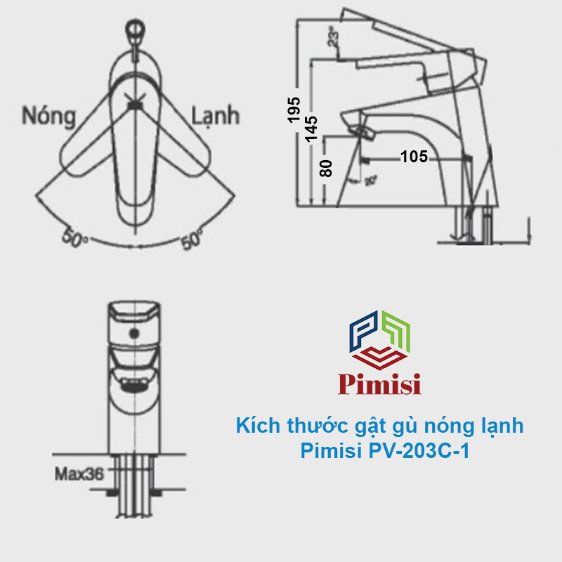 Vòi Lavabo Nóng Lạnh Pimisi PV-203C-1, Dùng Cho Chậu Rửa Mặt 1 Lỗ Ở Phòng Tắm - Điều Chỉnh Bằng Gật Gù | Chính Hãng