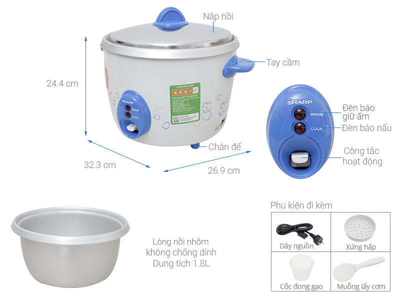 Nồi cơm nắp rời Sharp 1.8 lít KSH-D19V , Công suất 700W - Giao màu ngẫu nhiên - Hàng chính hãng