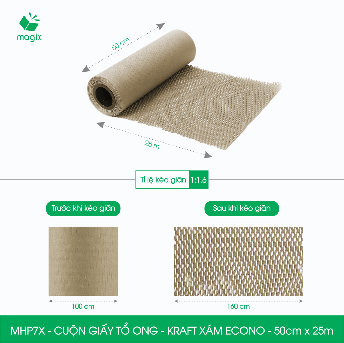 MHP7X - 50cm x 25m - Cuộn giấy tổ ong chống sốc - Kraft xám Siêu Tiết Kiệm ECONO