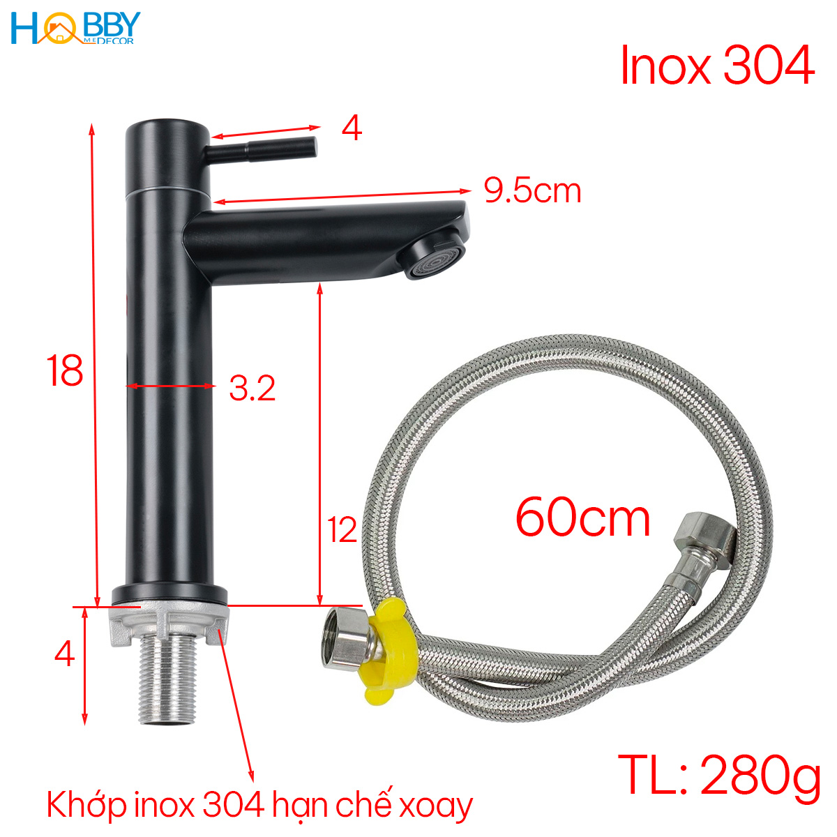 Vòi chậu rửa mặt lavabo lạnh Inox 304 sơn đen Hobby Home Decor LBL4D