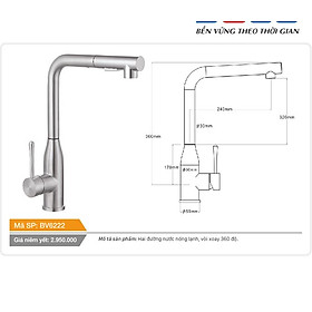 Vòi cố định cổ hình bầu dục xoay 360 độ nóng lạnh inox Tundo Boss BV6222 360*55*320 mm