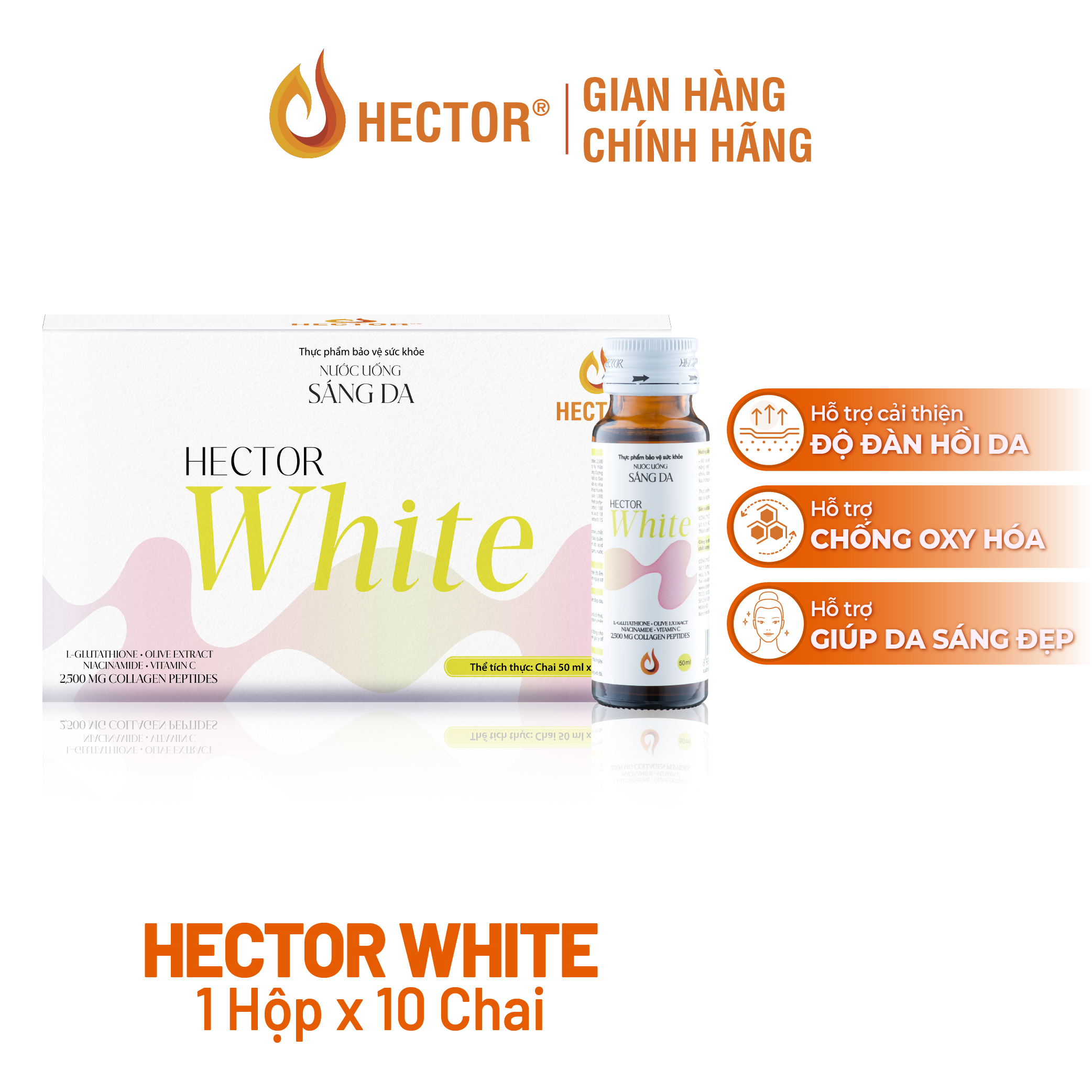 Nước uống sáng da Hector White hỗ trợ giúp da sáng đẹp và tăng độ đàn hồi (10 chai x 50ml)