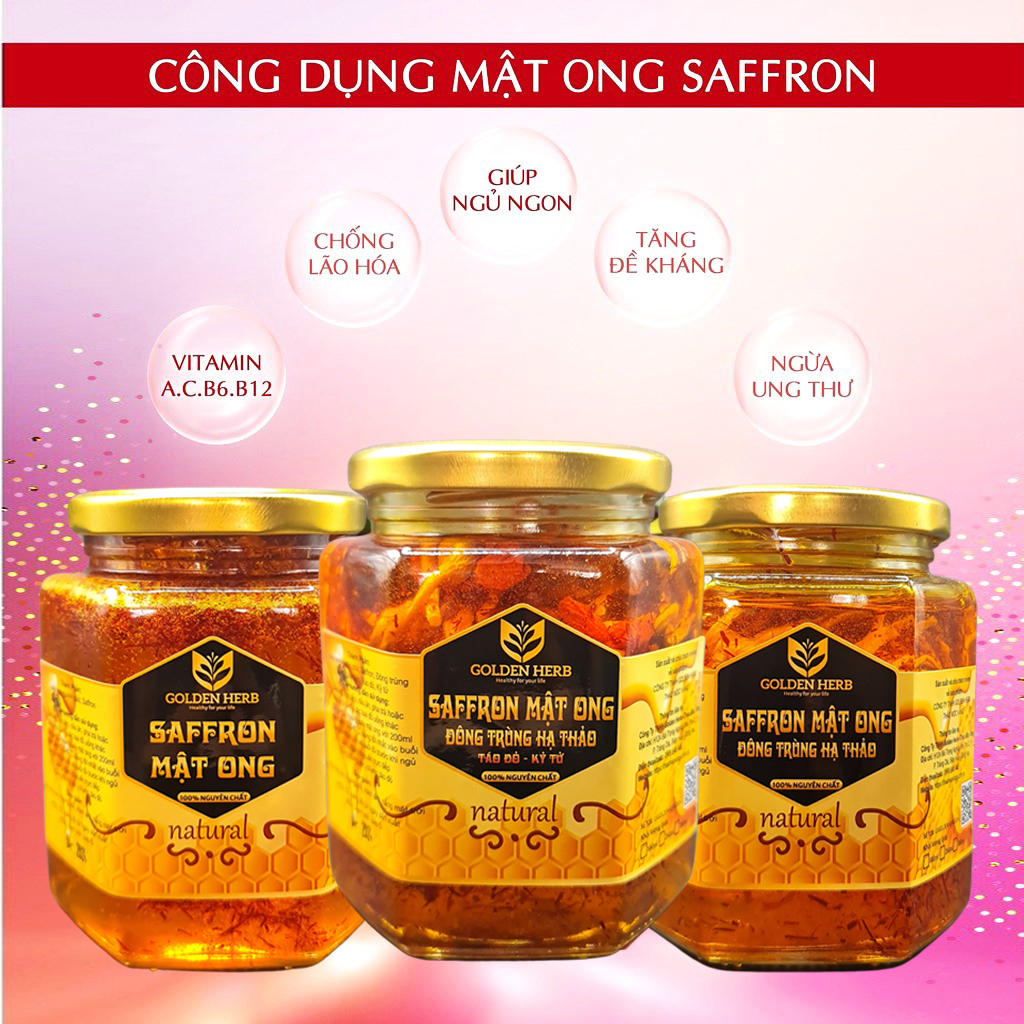 Mật Ong Saffron Đông Trùng Hạ Thảo Táo đỏ Kỷ tử 180ml/lọ Golden Herb