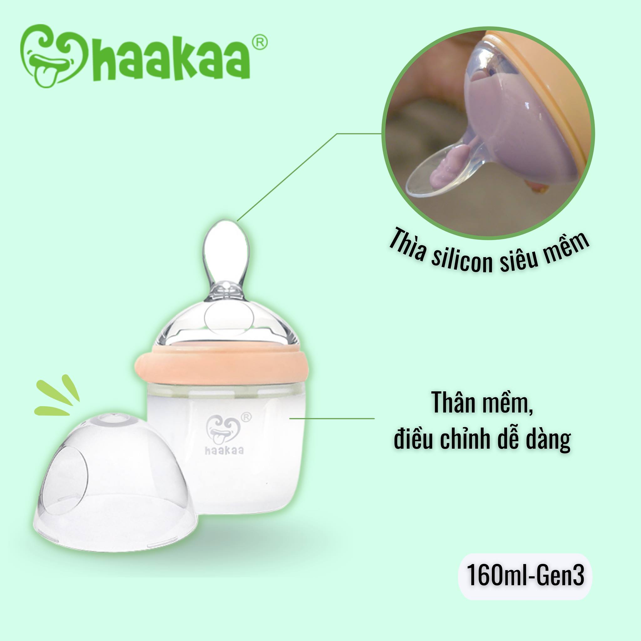 Bình thìa ăn dặm Gen.3 160ml Haakaa. Chất liệu silicone cao cấp, an toàn. Không chứa BPA, PVC và phthalate. Dễ dàng chuyển đổi thành Cốc hứng sữa, Bình sữa, Bình trữ sữa