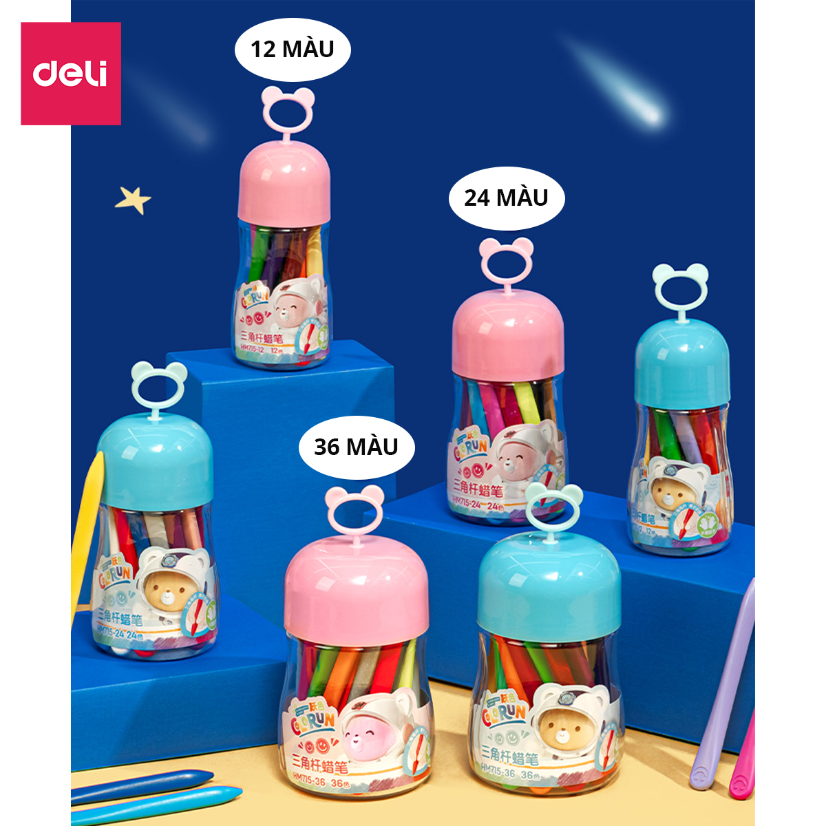 Bút sáp màu hữu cơ gấu con Deli - An toàn cho bé, không vấy bẩn tay - 12/24/36 màu - Tô màu, vẽ tranh học sinh trẻ em - Cán tam giác dễ cầm
