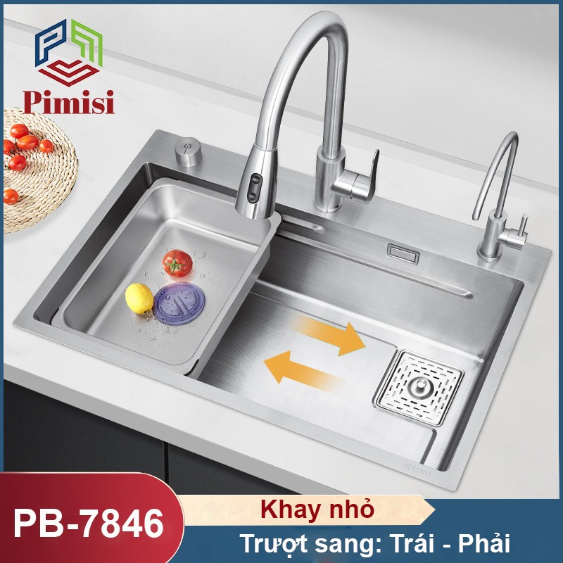 Chậu Rửa Bát Inox 1 Hố To Pimisi PB-7846 Luxury Làm Từ Thép Không Gỉ Inox Cao Cấp Kiểu Ngăn Lớn 1 Hộc, Kèm 1 Khay Bồn Rửa Chén Nhỏ Đơn Phụ Gác Chậu - Tháo Rời Với Đầy Đủ Phụ Kiện Xi Phông, Gắn Được Cả Bán Âm - Dương Bàn Đá Bếp | Hàng Chính Hãng