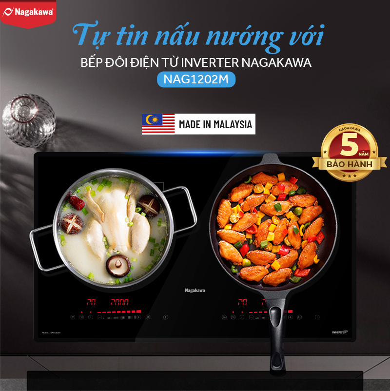 Miễn phí giao lắp toàn quốc - Bếp Âm Từ Đôi Premium Nagakawa NAG1202M (73 cm) - Made in Malaysia - Bảo hành 5 năm - Hàng Chính Hãng