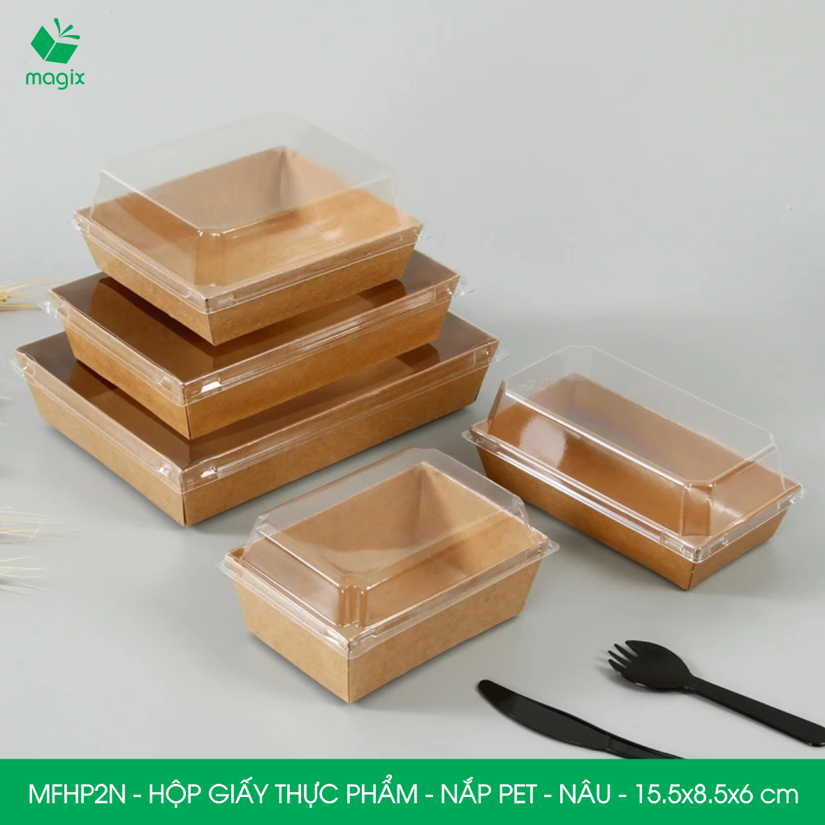 MFHP2N - 15.5x8.5x6 cm - 100 hộp giấy kraft thực phẩm màu nâu nắp Pet, hộp giấy chữ nhật đựng thức ăn, hộp bánh nắp trong