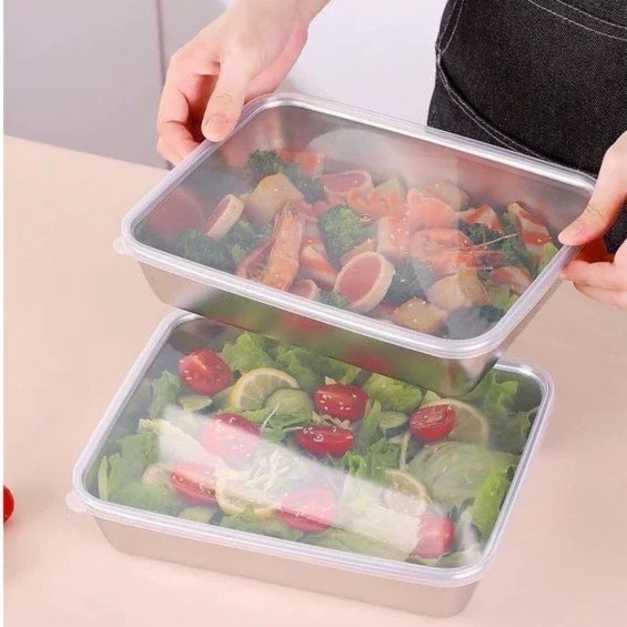 Hộp Đựng Thực Phẩm Inox Để Tủ Lạnh Có Nắp Đậy Đa Năng Tiện Lợi- Có 2 Size 13.5x10.5x5.8 cm và 20x5,5x25cm - Khay Inox 304 Chống Gỉ - Hàng Chính Hãng MINIIN