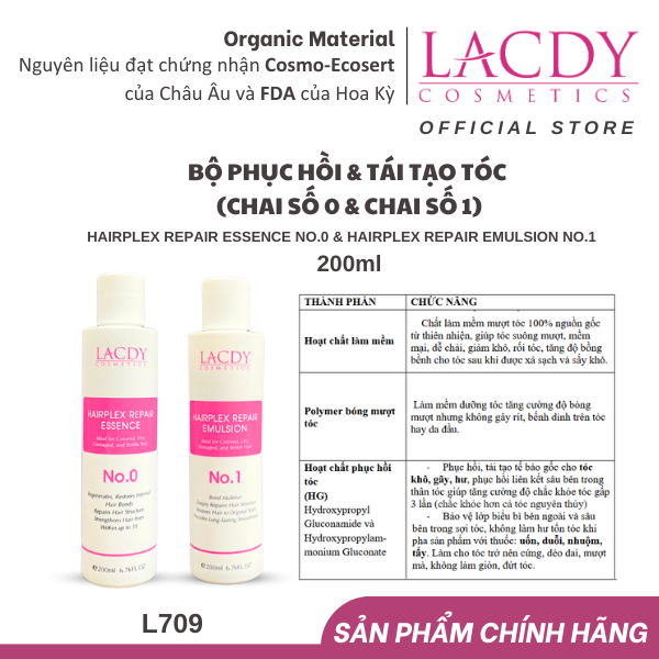 Bộ sản phẩm phục hồi - tái tạo tóc hư tổn Lacdy (L706 L707) Chai số 0 200ml & chai số 1 200ml