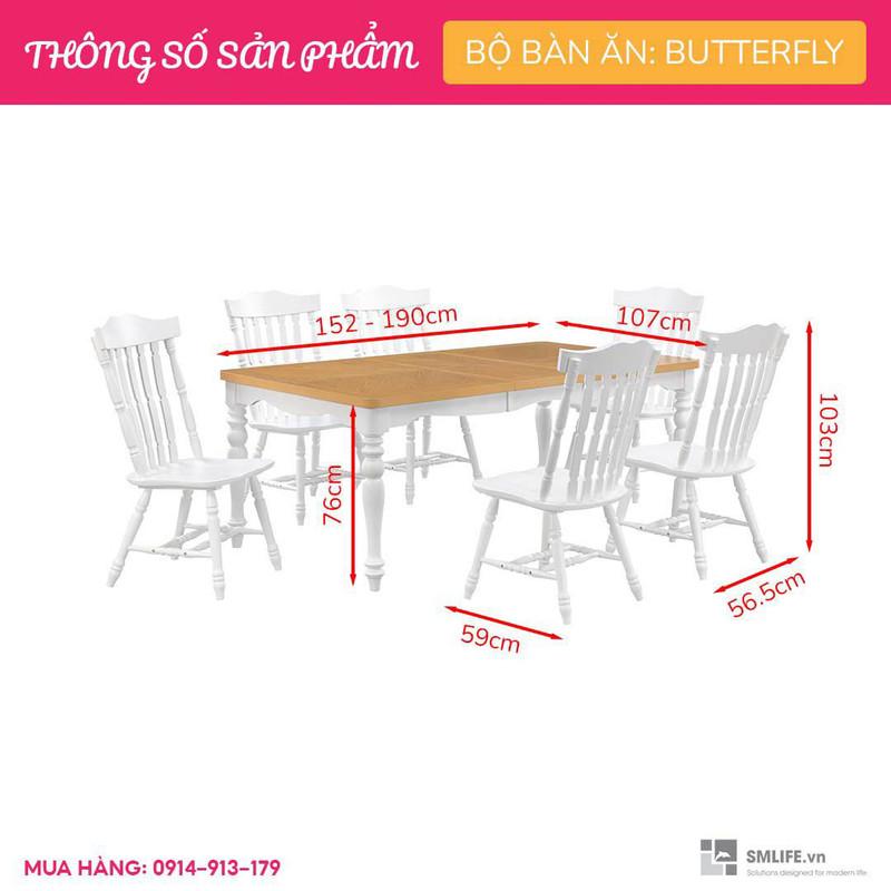 Bộ bàn ăn thông minh kéo dài 6 ghế gỗ sồi tân cổ điển SMLIFE Papilon Butterfly | D152 x R107 x x C76cm | tăng giảm độ dài bàn