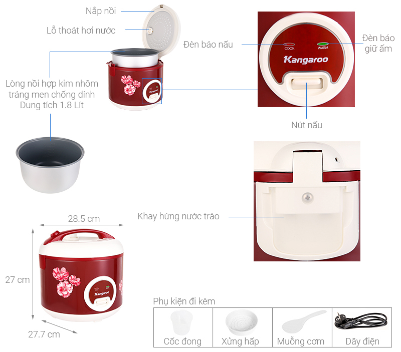 Nồi Cơm Điện Nắp Gài Kangaroo 1.8 lít KG378H - Hàng Chính Hãng
