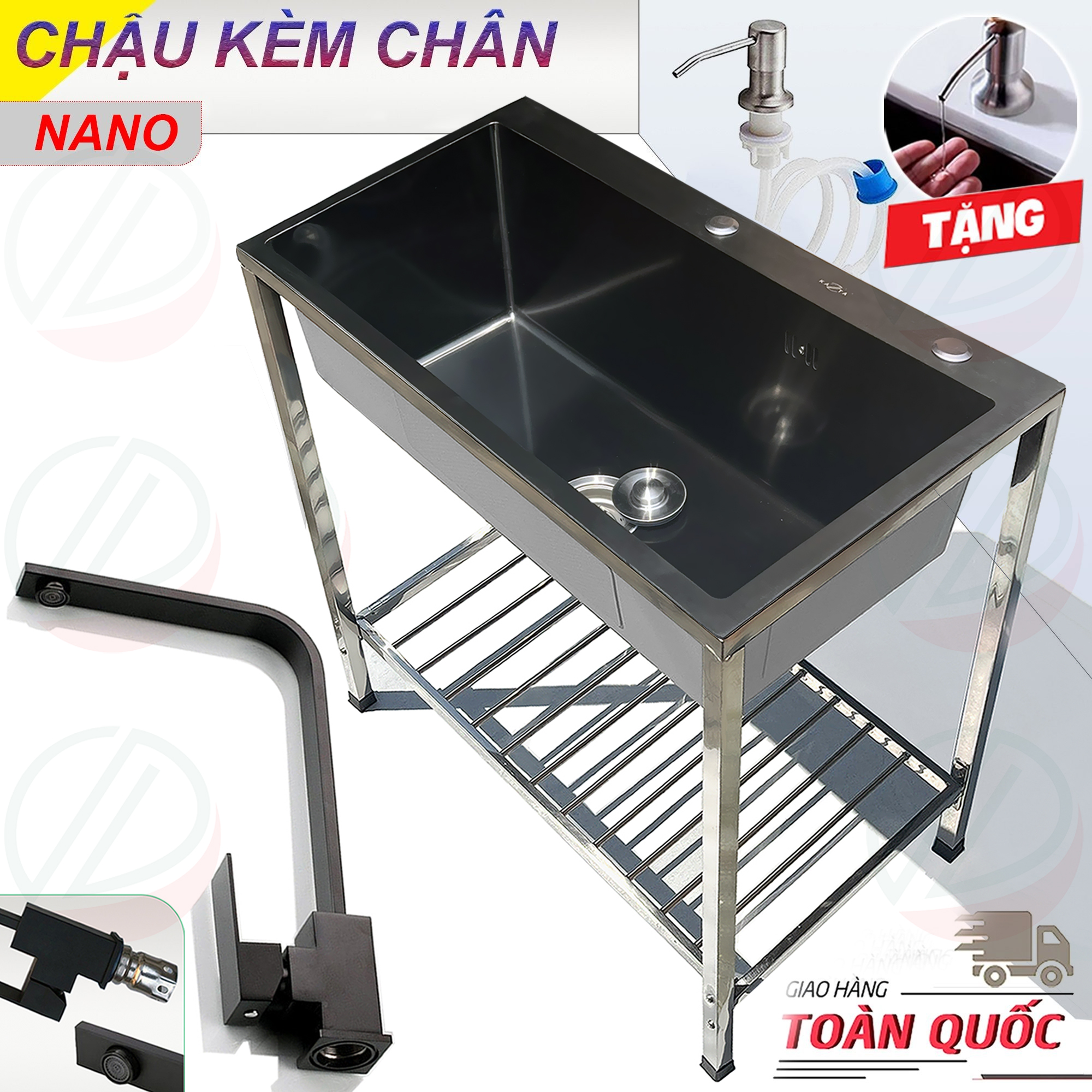 COMBO Chậu Rửa Chén Bát Inox Phủ Nano 1 Hộc KAZTA Có Kệ Chân Kèm Vòi Phụ Kiện - Kích thước 60x45cm và 82x45cm, cao 81cm