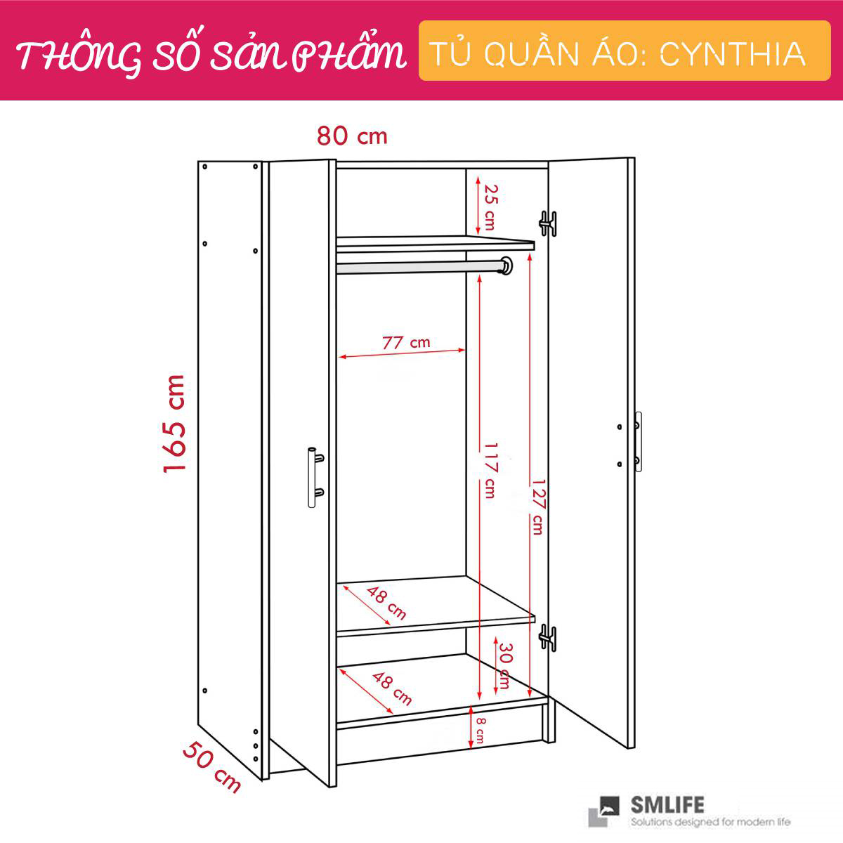 Tủ áo gia đình bằng gỗ đẹp tiện dụng SMLIFE Cynthia