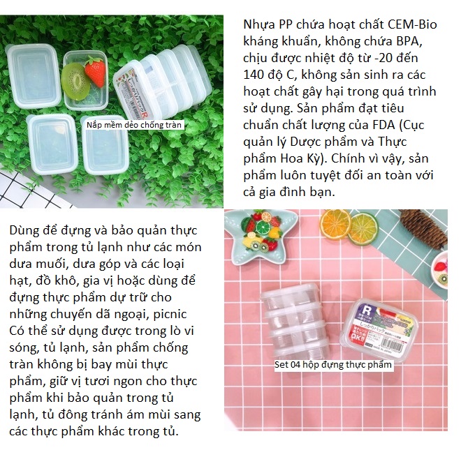 Combo 2 sản phẩm set 04 hộp chia thức 100ml và 70ml, không sản sinh ra các hoạt chất gây hại trong quá trình sử dụng - nội địa Nhật Bản