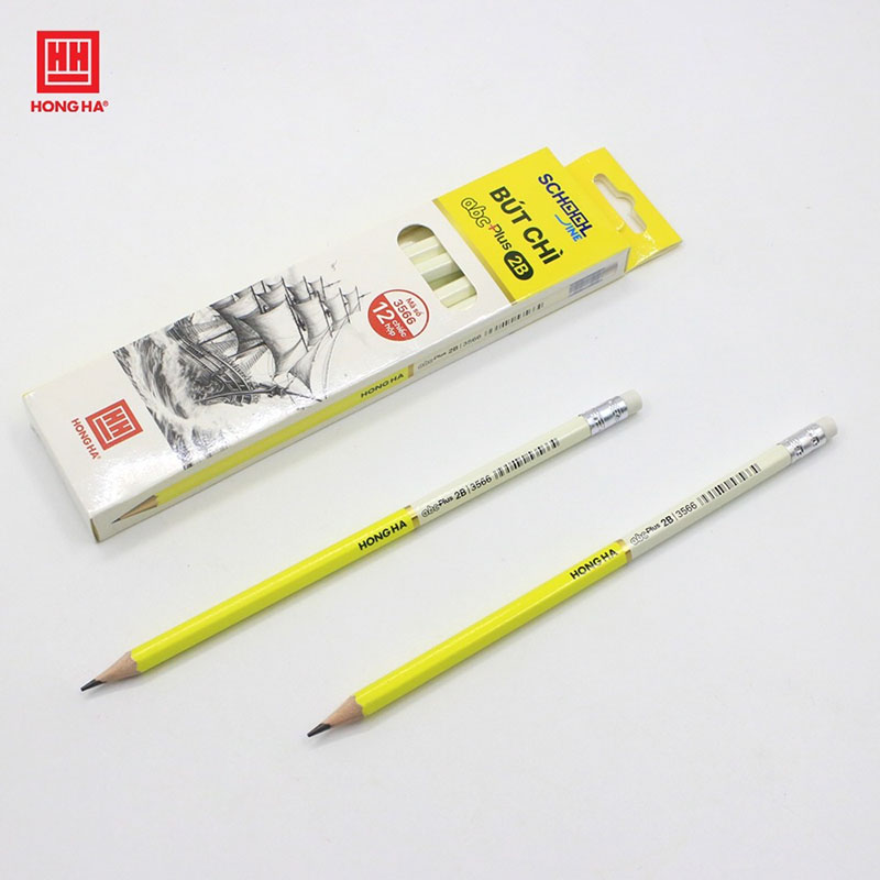 Hộp 12 bút chì gỗ 2B Hồng Hà kèm đầu tẩy ABC Plus - 3566 chuyên dùng viết, vẽ phác thảo