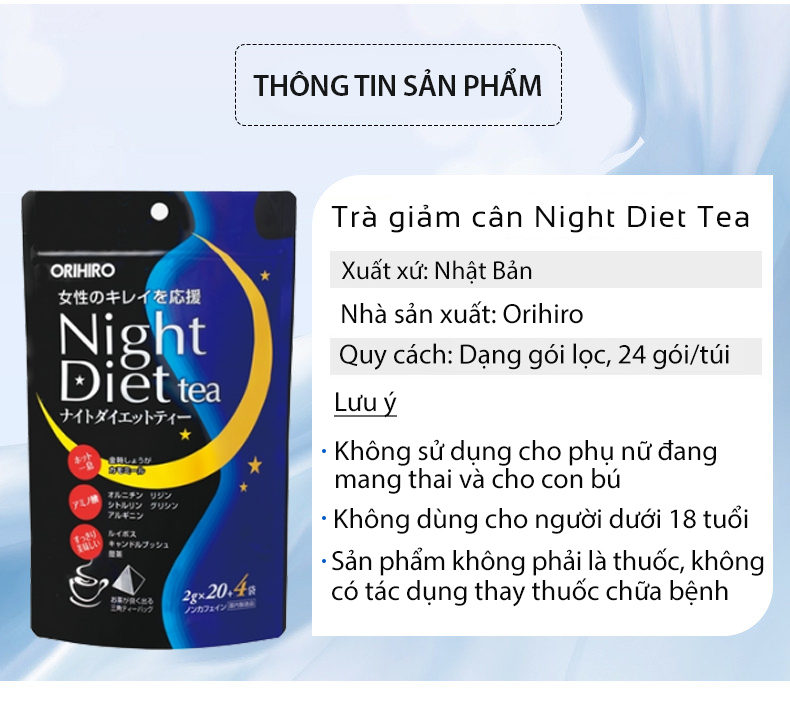 Trà đốt mỡ và kiểm soát cân nặng Night Diet Tea Orihiro Nhật Bản thải độc cơ thể, cải thiện chất lượng giấc ngủ gói 24 túi lọc JN-OR-NI01