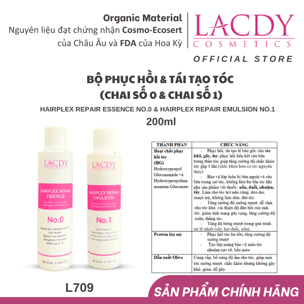 Bộ sản phẩm phục hồi - tái tạo tóc hư tổn Lacdy (L706 L707) Chai số 0 200ml & chai số 1 200ml
