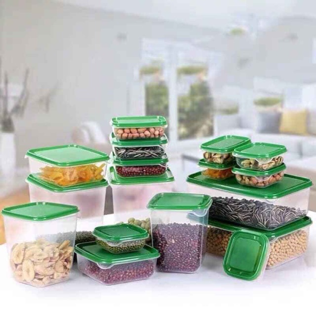 COMBO Bộ Hộp Nhựa 17 Món Cao Cấp Dùng Được Lò Vi Sóng Kèm Nắp Đậy Màu Xanh - Tặng 1 phễu rót nước, thức ăn ( màu ngẫu nhiên )