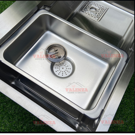 Chậu rửa bát 1 hố sus304 7546 Valenza dày 3li kèm vòi rửa bát rút dây nóng lạnh 01, bộ xả, khay inox, bình nước rửa chén, dụng cụ rửa ly cốc