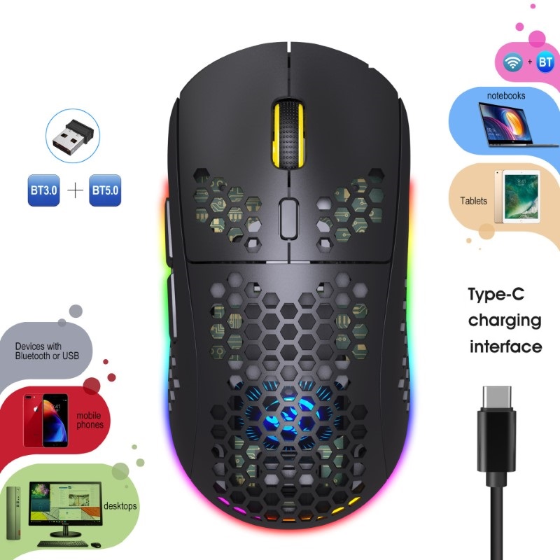 Chuột Led Không Dây T90 đa kết nối Blutooth 5.0 + Usb 2.4G 3600Dpi Pin Sạc TypeC hàng nhập khẩu