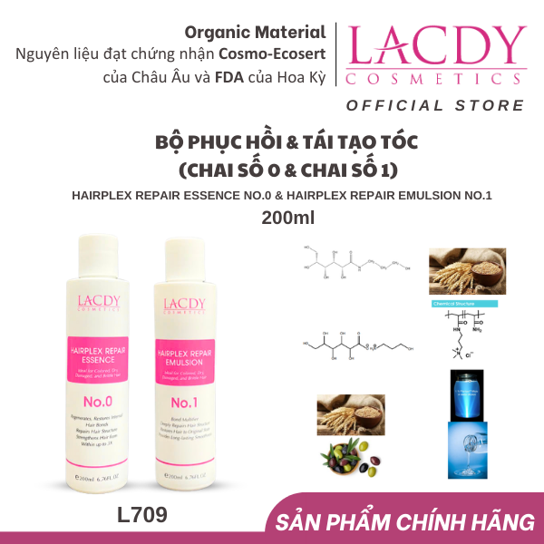 Bộ sản phẩm phục hồi - tái tạo tóc hư tổn Lacdy (L706 L707) Chai số 0 200ml & chai số 1 200ml
