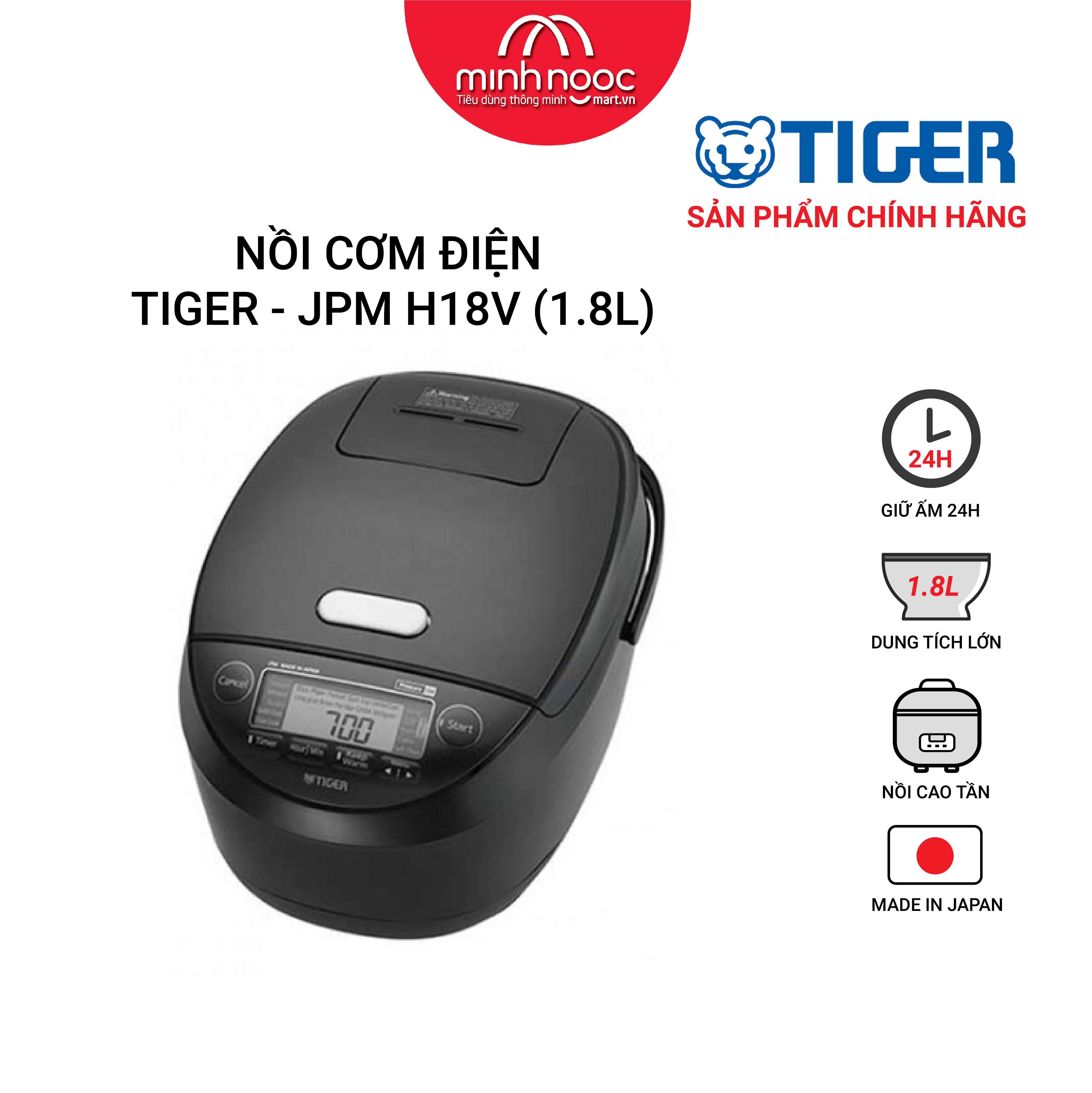 HÀNG CHÍNH HÃNG: Nồi cơm điện cao tần Tiger dung tích 1.8l JPM-H18V MADE IN JAPAN màu đen