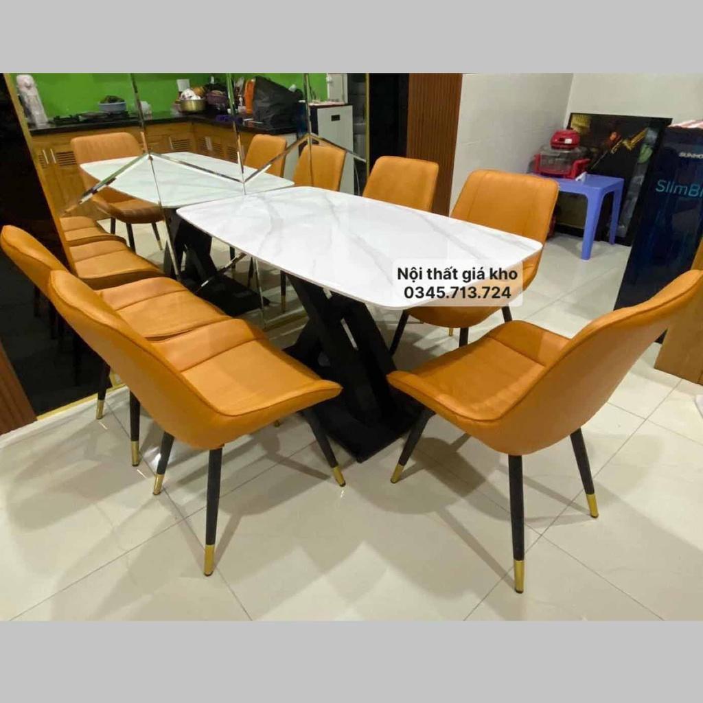 Bàn ăn mặt đá phiến - ceramic chân chéo chữ x cong kết hợp ghế loft, bàn ăn mặt đá 4 ghế 6 ghế 8 ghế