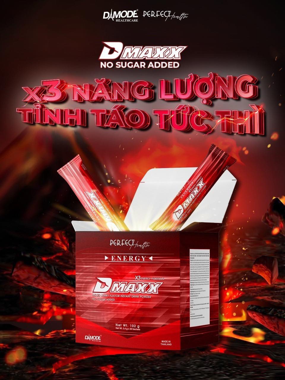 DMAXX thức uống bổ sung vitamin năng lượng không đường DAMODE 16 gói dùng thử màu đỏ
