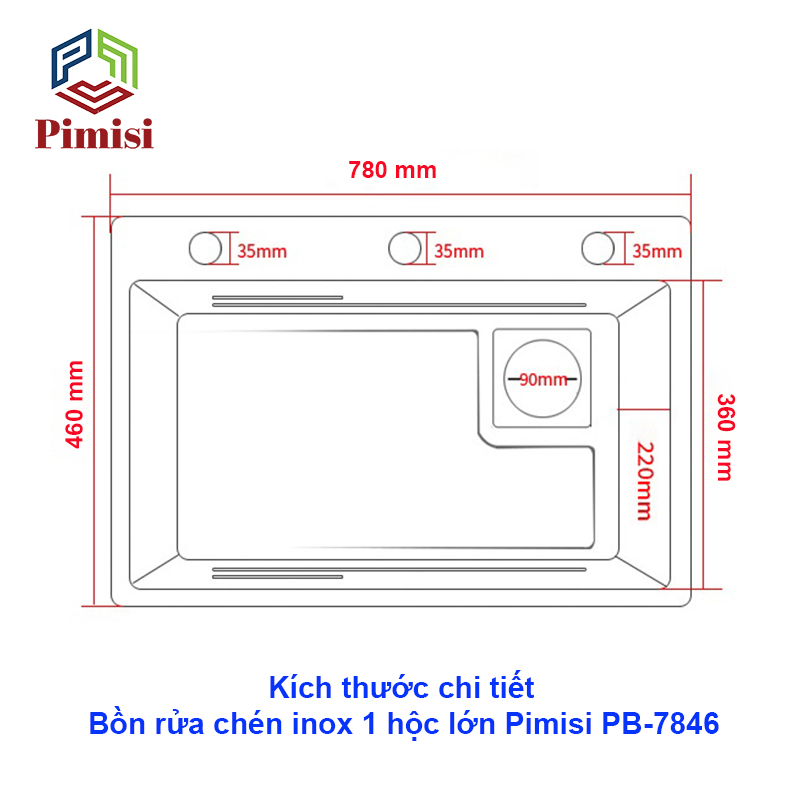 Chậu Rửa Bát Inox 1 Hố To Pimisi PB-7846 Luxury Làm Từ Thép Không Gỉ Inox Cao Cấp Kiểu Ngăn Lớn 1 Hộc, Kèm 1 Khay Bồn Rửa Chén Nhỏ Đơn Phụ Gác Chậu - Tháo Rời Với Đầy Đủ Phụ Kiện Xi Phông, Gắn Được Cả Bán Âm - Dương Bàn Đá Bếp | Hàng Chính Hãng