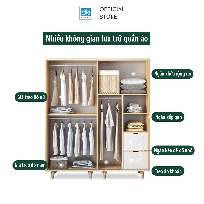 Tủ Quần Áo Kết Hợp Cửa Lùa Hiện Đại Màu Trắng Phối Vân Gỗ Sồi Thương Hiệu SIB Decor TA07