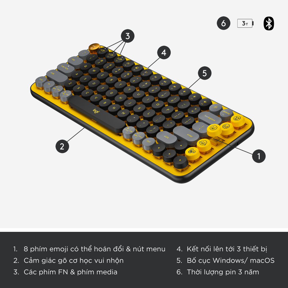 Bàn phím cơ học không dây Bluetooth Logitech POP Keys kết nối đa thiết bị các phím Emoji tùy chỉnh - Hàng chính hãng