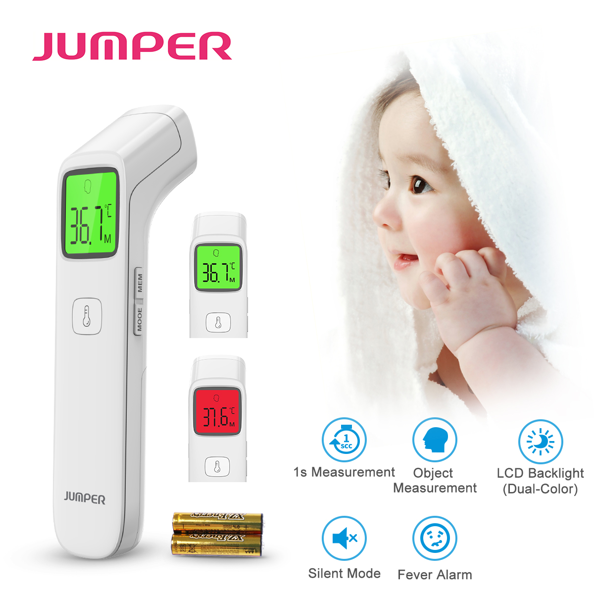 Nhiệt Kế Điện Tử Hồng Ngoại Đo Trán, Đo cơ Thể Không Tiếp Xúc Jumper JPD-FR203