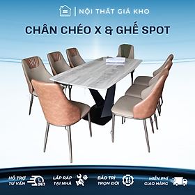 Bàn ăn mặt đá cẩm thạch nhân tạo loang nâu, đen mây, trắng vân mây chân chéo chữ x kết hợp ghế spot