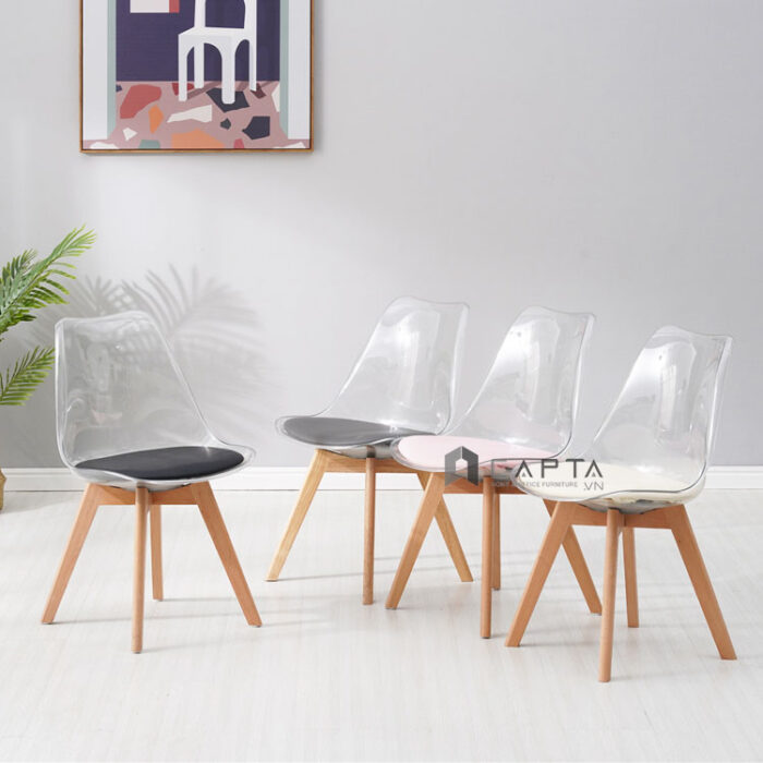 Bộ bàn tiếp khách 2 ghế Eames thân nhựa trong suốt nệm PVC chân gỗ bàn chân trụ mặt tròn 60cm Bộ bàn ghế nhỏ gọn tiết kiệm diện tích SL TE TULIP 2-06W / DSW-PC3 Livingroom Compact Table Set