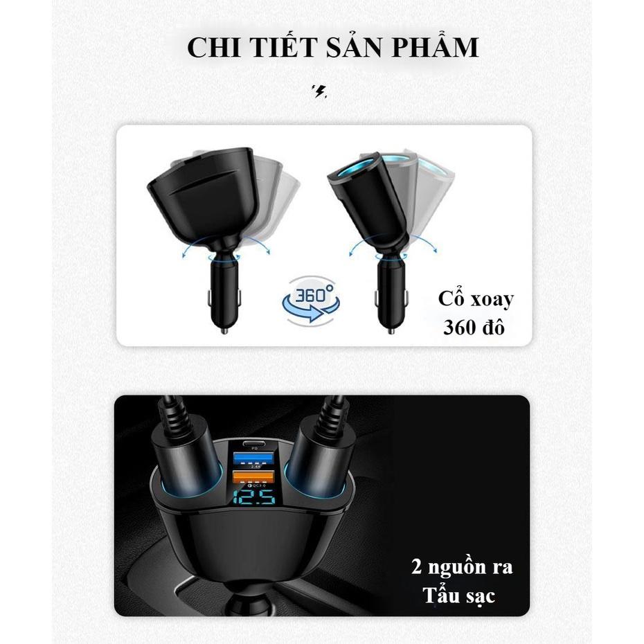 Bộ chia tẩu sạc nhanh ô tô 12/24V gồm cổng sạc nhanh usb trên oto gồm 2 nguồn tẩu, 2 cổng sạc 3.0 và Cổng Type C/PD