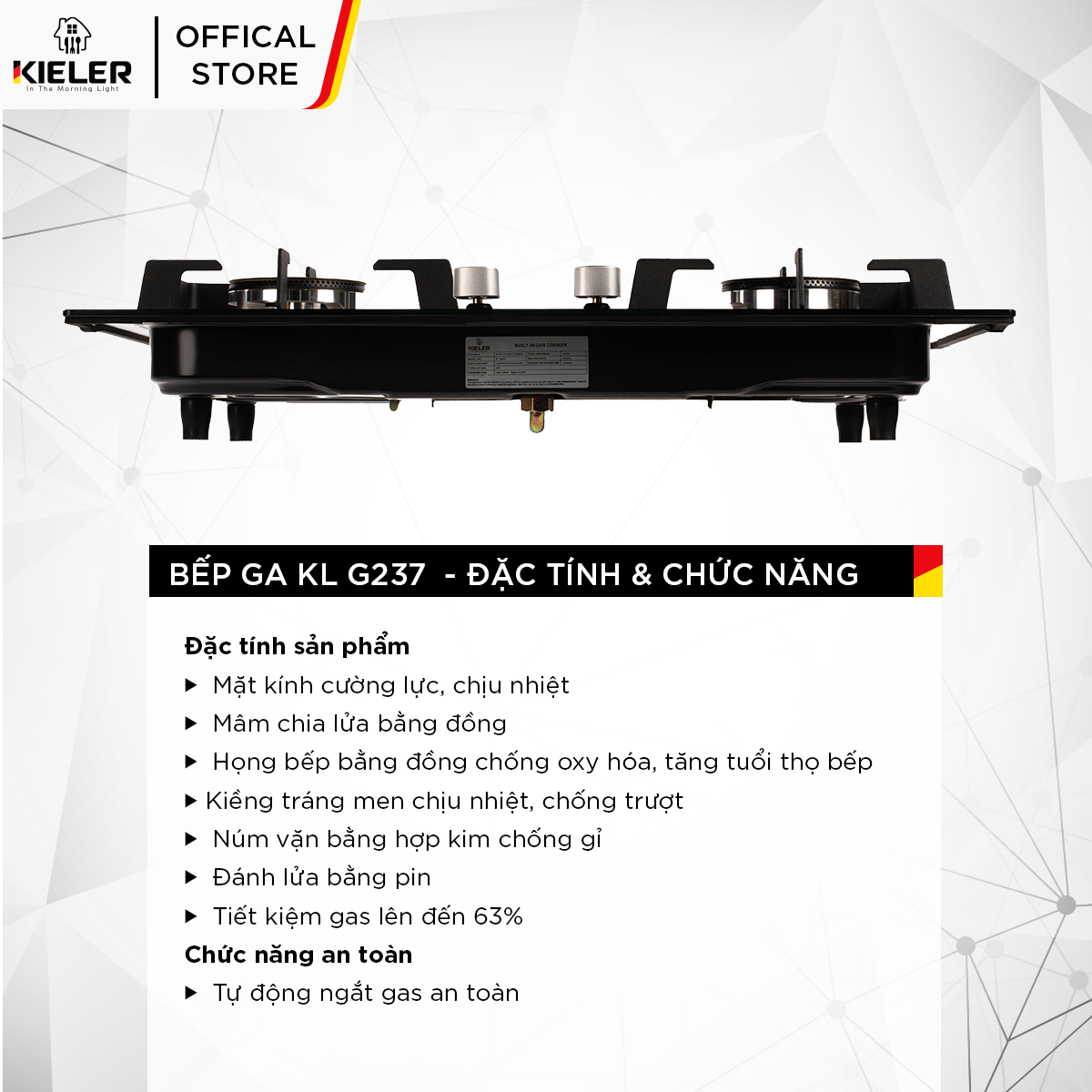 Bếp gas mặt kính cường lực KIELER KL-G237 tiết kiệm gas, công suất mạnh 4500W, mặt bếp chịu nhiệt tốt - Hàng chính hãng