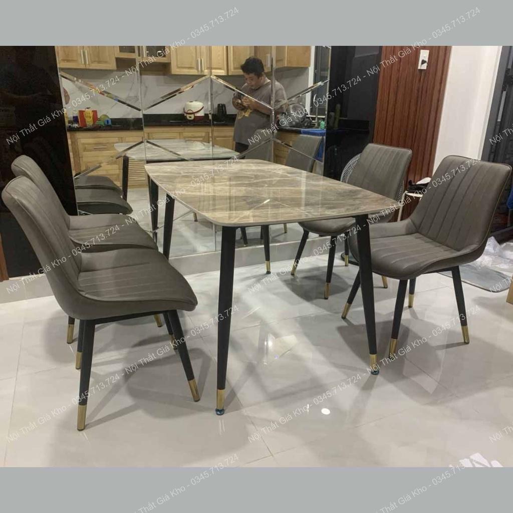 Bàn ăn mặt đá ceramic bóng kết hợp ghế Loft