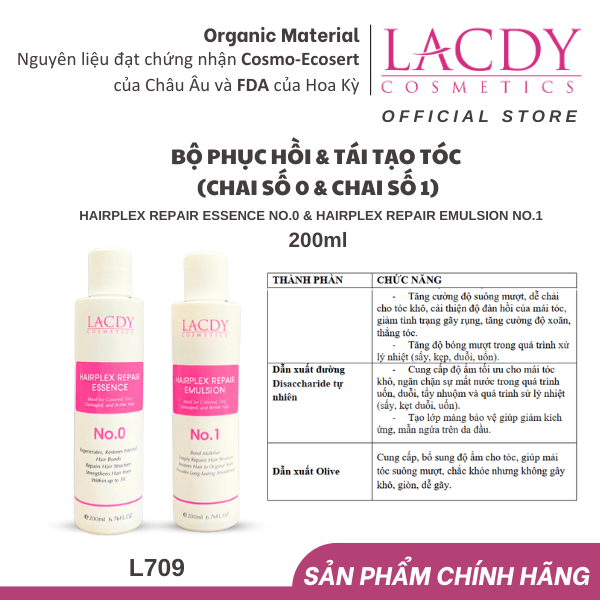Bộ sản phẩm phục hồi - tái tạo tóc hư tổn Lacdy (L706 L707) Chai số 0 200ml & chai số 1 200ml
