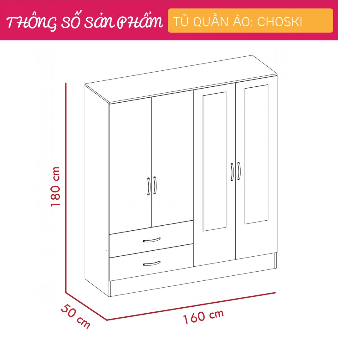 Tủ quần áo 4 cánh thiết kế sang trọng SMLIFE Choski