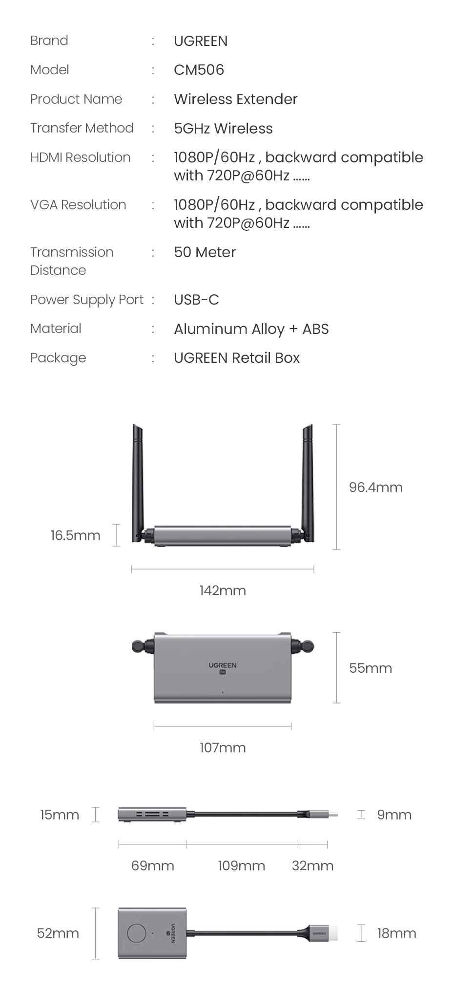 Ugreen UG29463CM506TK 50M 1080P@60Hz Bộ kéo dài tin hiệu HDMI + VGA + 3.5mm không dây 60Mhz 5Ghz Vỏ nhôm 50633a - HÀNG CHÍNH HÃNG