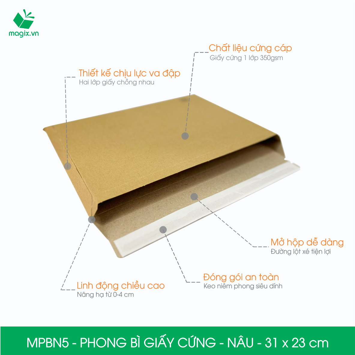 MPBN5 - 31x23 cm - Combo 60 phong bì giấy cứng đóng hàng màu nâu thay thế túi gói hàng