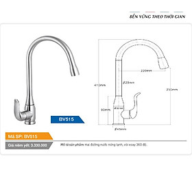 Vòi cố định cổ hình bầu dục xoay 360 độ nóng lạnh inox Tundo Boss BV515 410*45*250 mm
