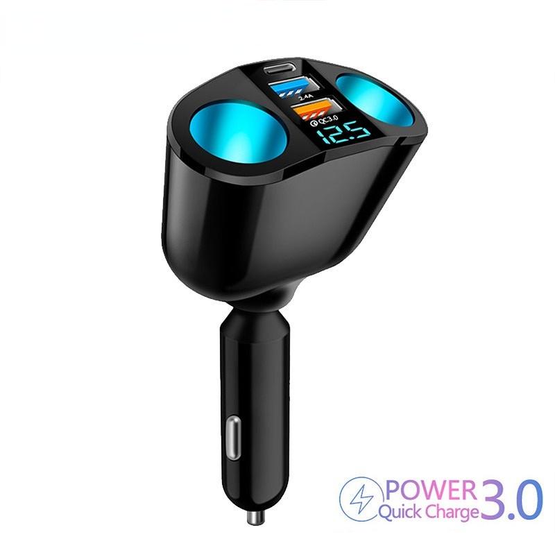 Bộ chia tẩu sạc nhanh ô tô 12/24V gồm cổng sạc nhanh usb trên oto gồm 2 nguồn tẩu, 2 cổng sạc 3.0 và Cổng Type C/PD