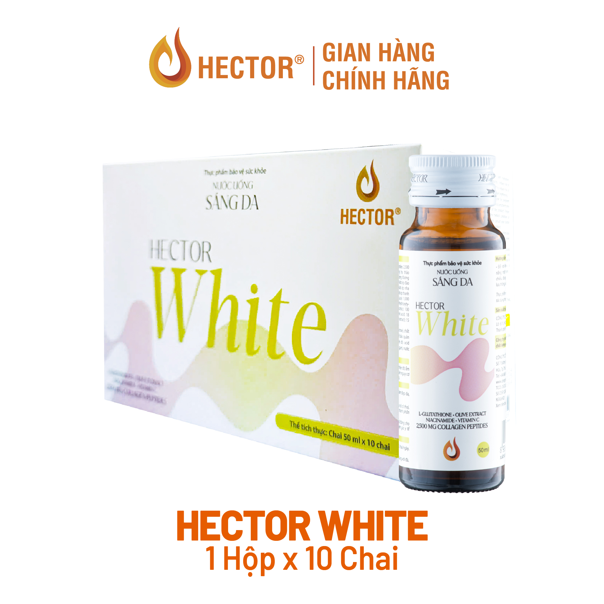 Nước uống sáng da Hector White hỗ trợ giúp da sáng đẹp và tăng độ đàn hồi (10 chai x 50ml)
