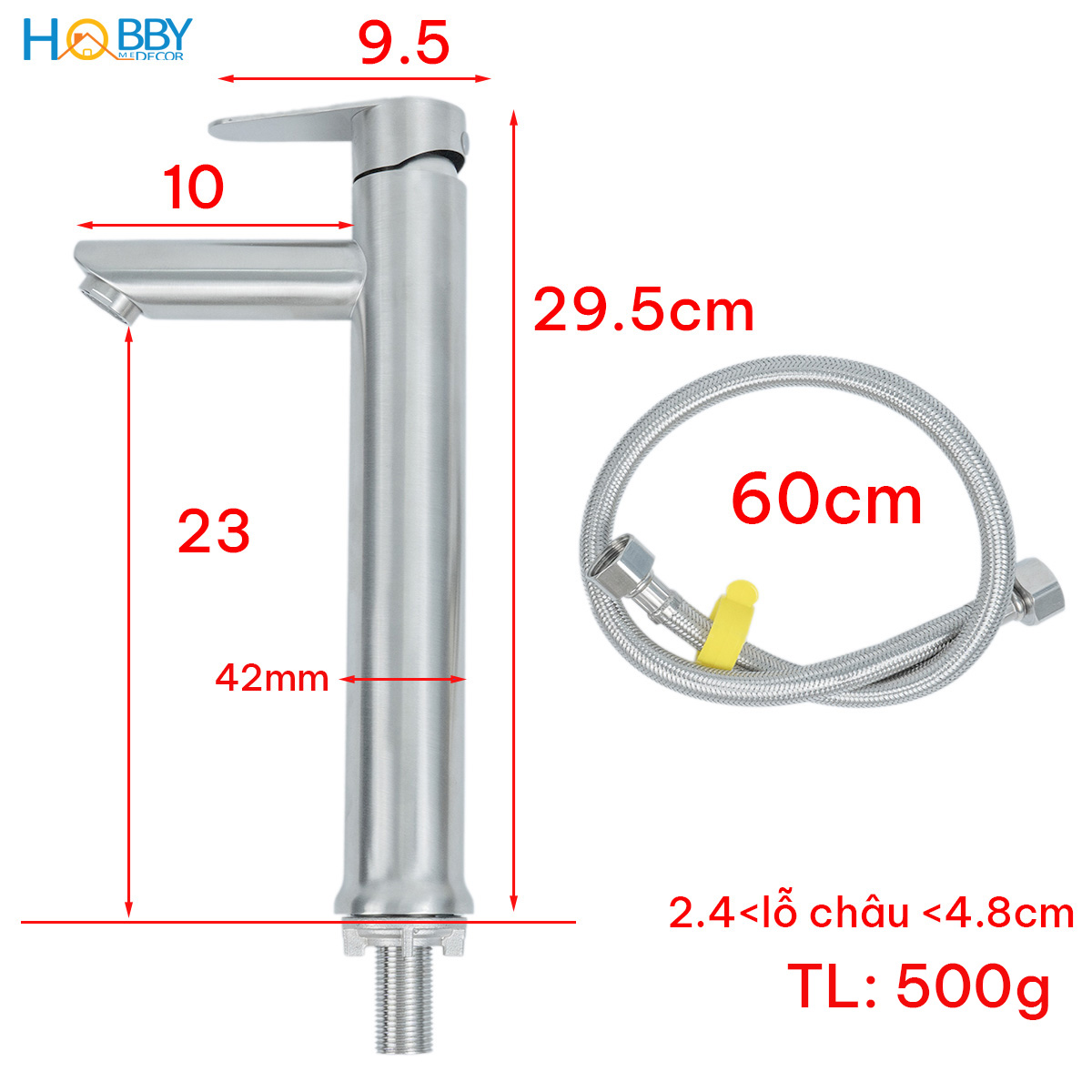 Vòi chậu rửa mặt lavabo lạnh thân cao inox 304 Hobby home decor LBL7