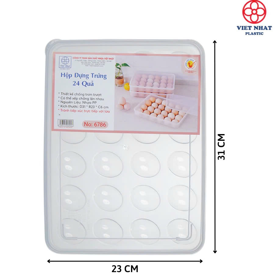 Hộp đựng trứng 24 quả Việt Nhật (6786) trong suốt gọn nhẹ giúp cố định những quả trứng nằm yên một vị trí, bảo quản trứng