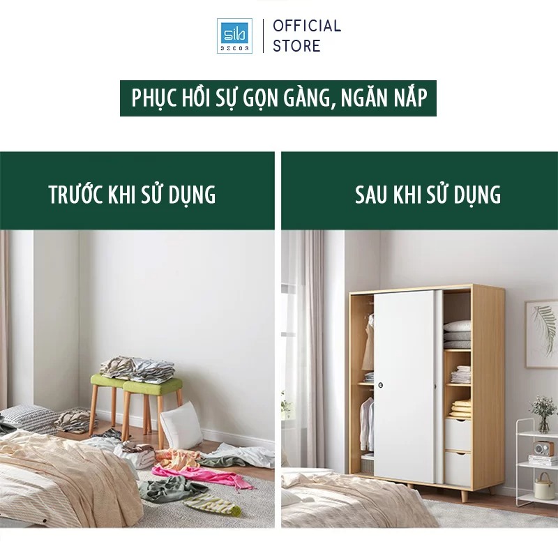 Tủ Quần Áo Kết Hợp Cửa Lùa Hiện Đại Màu Trắng Phối Vân Gỗ Sồi Thương Hiệu SIB Decor TA07