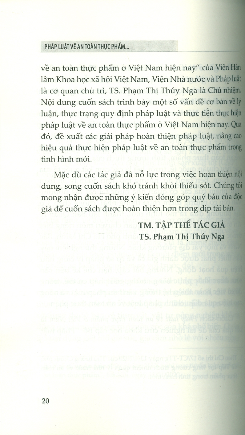 Pháp Luật Về An Toàn Thực Phẩm Ở Việt Nam (Sách chuyển khảo) - TS. Phạm Thị Thúy Nga (Chủ biên)